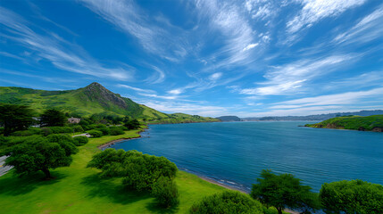 Fototapeta premium Panoramic view of a serene bay, lush green landscape, and a dramatic mountain under a vibrant blue sky with streaky clouds