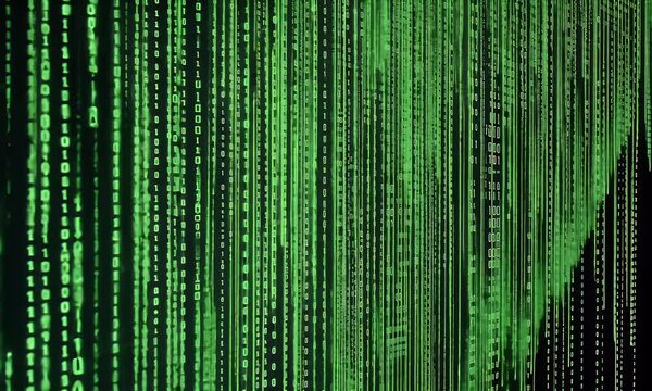 Green digital rain of binary code falling vertically on a black background, evoking themes of hacking, cyberpunk, and virtual reality in a Matrix-style world.
