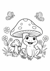 A charming illustration of a cheerful frog seated beside a large mushroom, with butterflies and flowers dancing around them