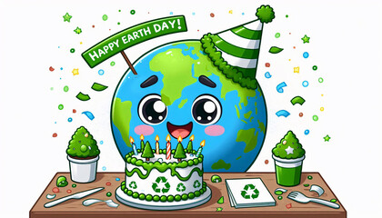 Earth with happy expression and cake in cartoon format, featuring trees and Happy Earth Day banner