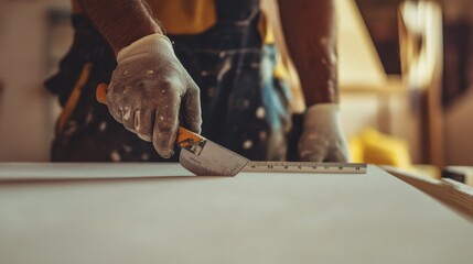 Construction worker cutting drywall for wall installation. Featuring focus and technique