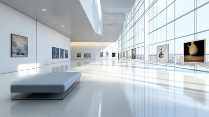 Serene modern gallery, paintings displayed, sunlight streaming.