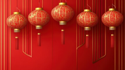 Hanging red chinese lanterns with golden tassels on festive red background