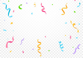 Festive Confetti and Ribbon Border on Transparent Background for Celebrations and Events. Celebration carnival ribbons, confetti, Holiday, birthday.