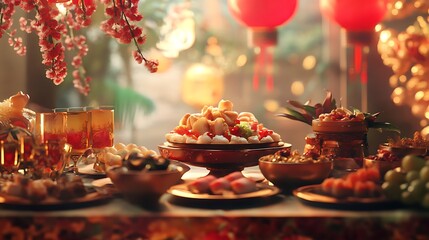 Lunar new year celebration chinese food red lanterns harmony abundance joy prosperity tradition image