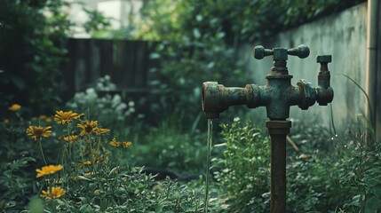 Fototapeta premium Rustic garden tap surrounded by lush greenery and yellow flowers