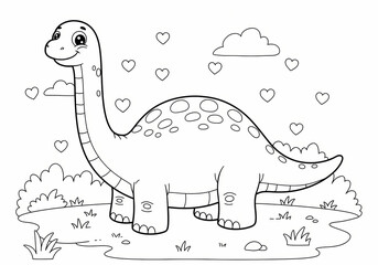 Cute cartoon dinosaur standing in a field surrounded by hearts