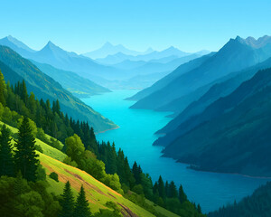 Fototapeta premium Serene mountain lake nestled in a valley, surrounded by lush green hills and majestic peaks under a clear blue sky