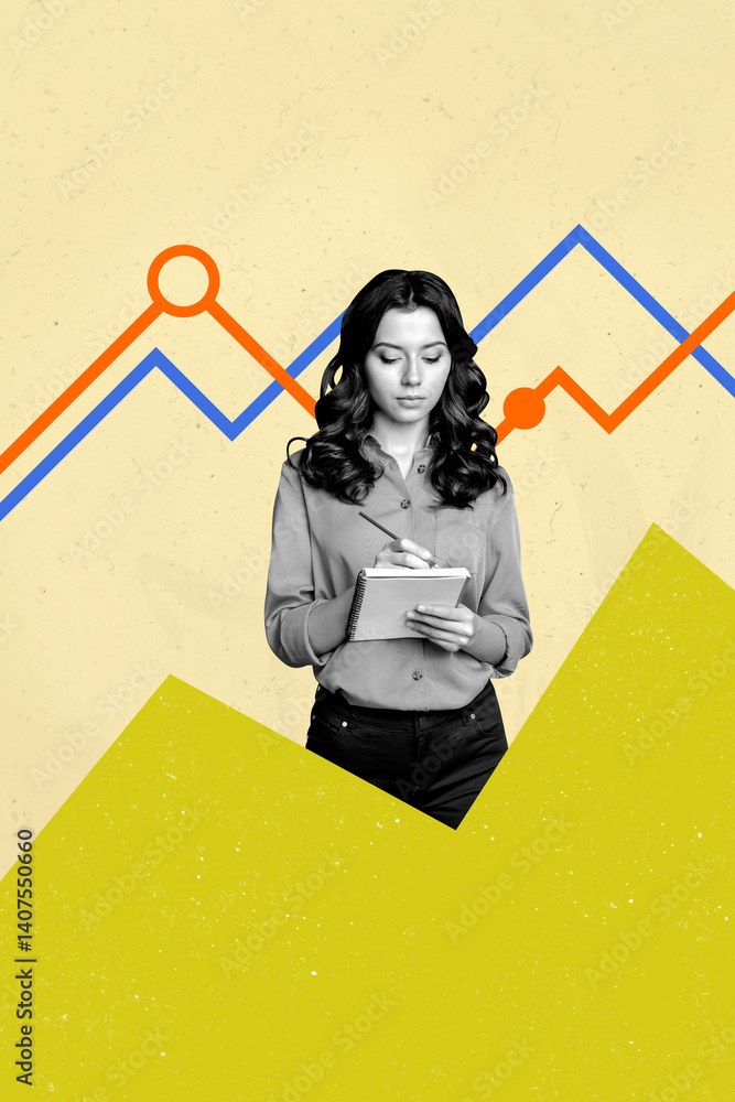 Aufkleber creative collage of person with graphs data on yellow color background