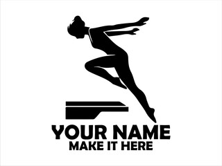 Female diver in mid-air leaps dynamically from a diving board in a stark black silhouette against a light background. Water sport concept and logo vector design