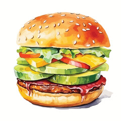 watercolor A gourmet burger with bacon and avocado