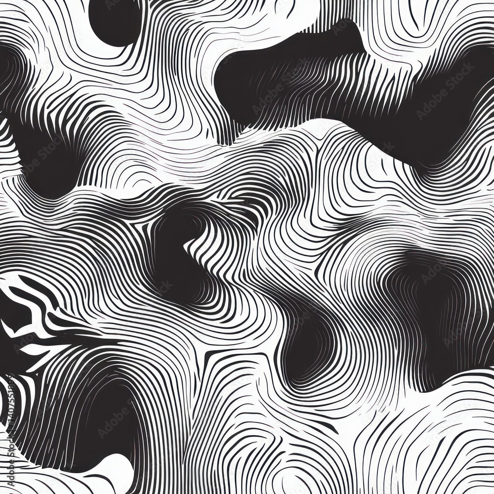 Poster abstract seamless pattern with organic shapes and dynamic lines in black and white retro style