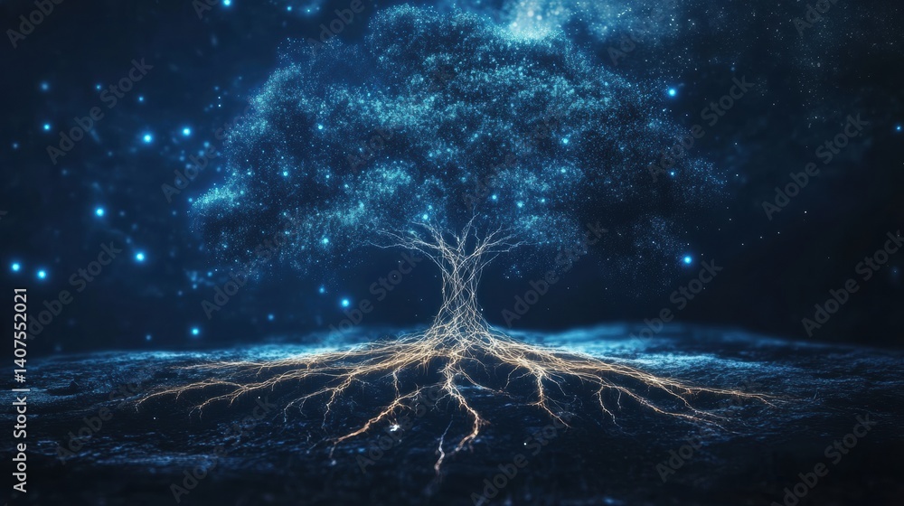 Leinwandbilder neural network roots revealed in a mystical tree, symbolizing the connection between nature and orga