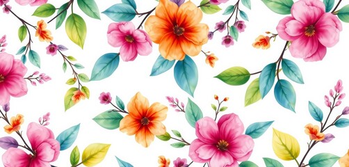 Obraz premium Vibrant watercolor floral branches and leaves, seamlessly repeating on white, abstract, fabric