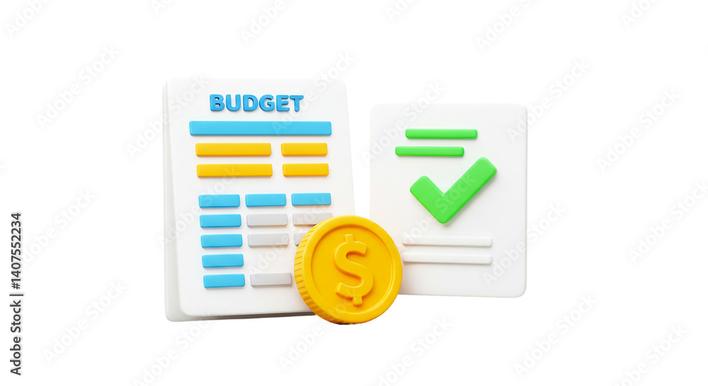 Aufkleber illustration of a budget sheet with a coin and a document with a green check mark on it
