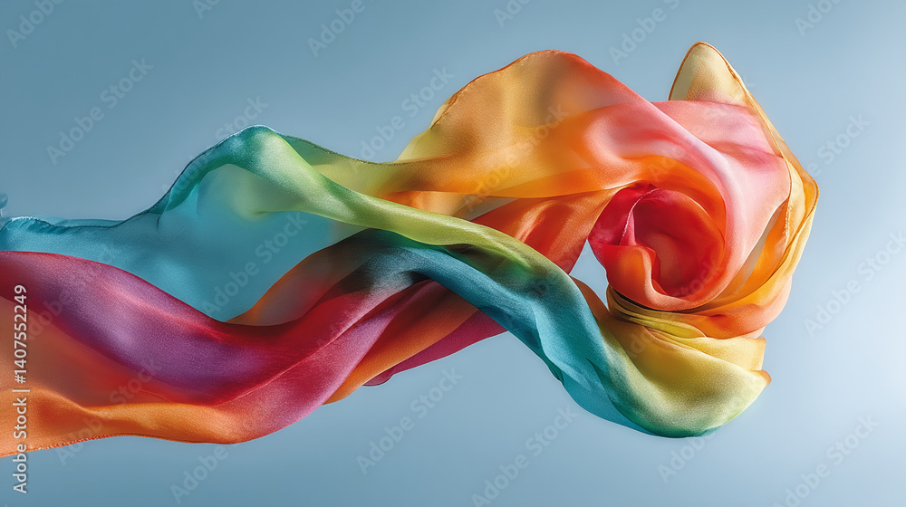 Poster flowing rainbow fabric, vibrant colors gradient, creating dynamic, abstract shape. showcase of textu