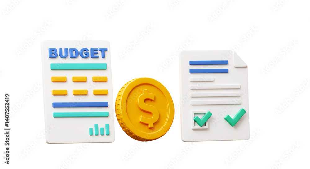 Poster a budget document with a gold coin and a checklist with green checkmarks on a white background