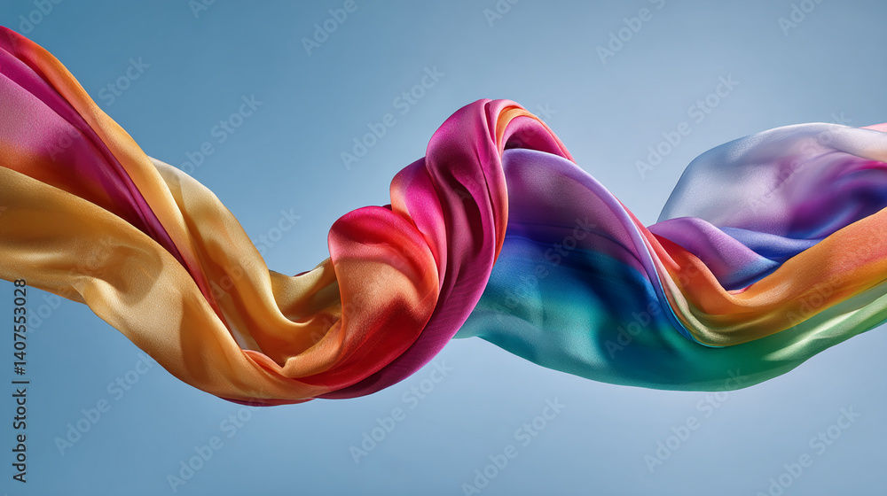 Poster flowing multicolored silk fabric, dynamic and vibrant, showcasing texture and movement, ideal for fa