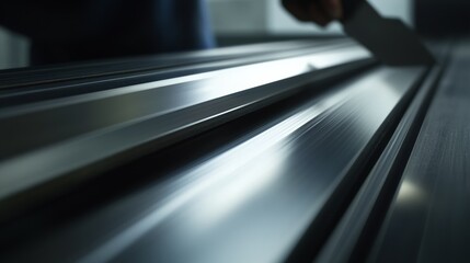 Obraz premium Construction worker cutting metal sheets with a shear cutter. Featuring precision and focus