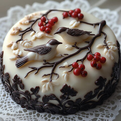 Exquisitely Decorated Dessert Cake with Chocolate Birds and Berries in Fine-Art Style