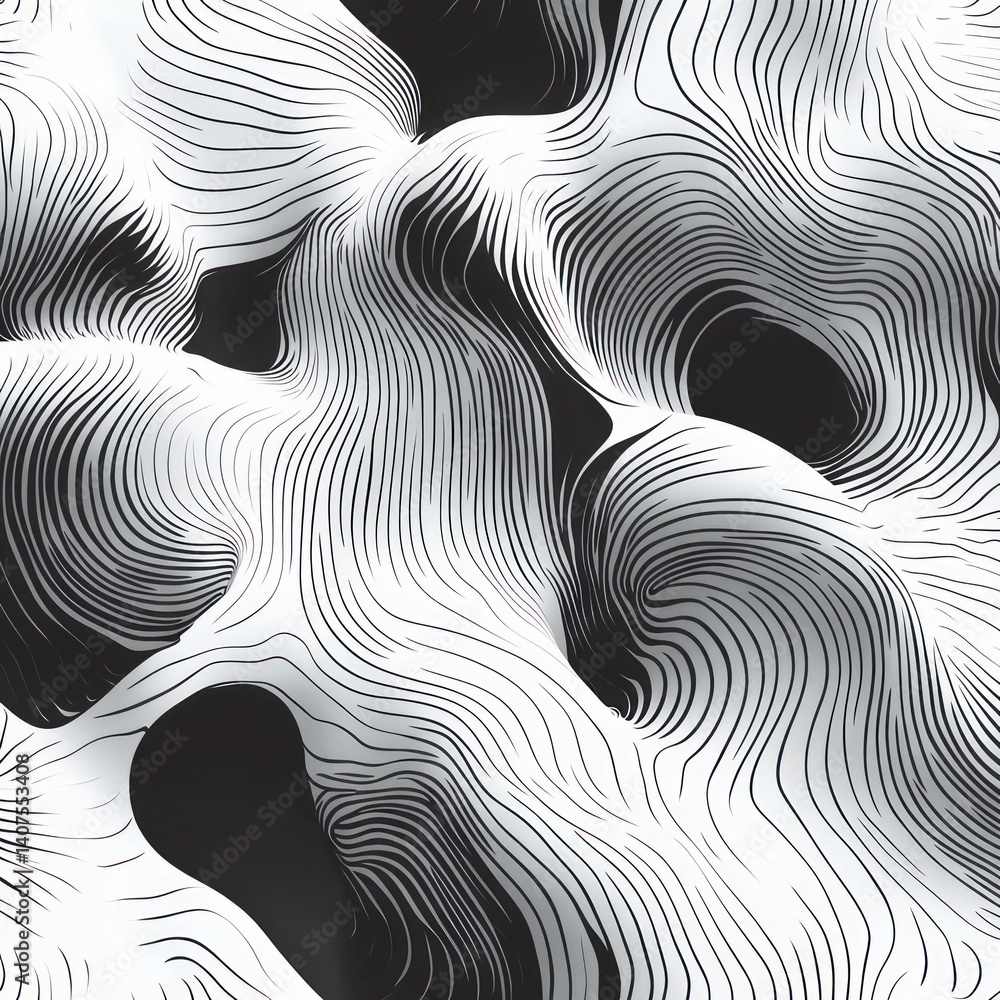 Poster seamless abstract wavy line pattern with flowing organic shapes and retro design in black and white