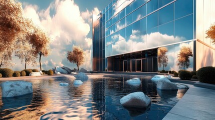 Naklejka premium Modern building serene water feature autumn trees