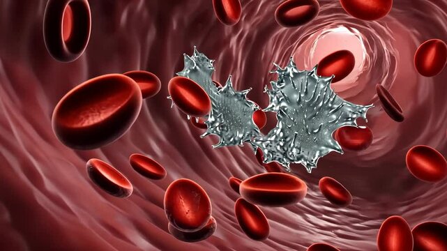 Red blood cells flowing within a blood vessel as platelets aggregate to stop bleeding, forming a clot in circulation concept