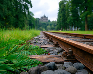 Fototapeta premium Rustic railway track leading to distant castle, lush greenery alongside