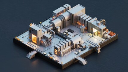 A detailed isometric view of a modern industrial facility, featuring machinery, pipes, and various processing units in a clean and organized layout.