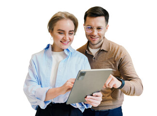 Smiling Couple Engages With Tablet in Modern Workspace, Sharing Ideas and Enjoying Technology...