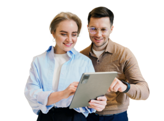 Smiling Couple Engages With Tablet in Modern Workspace, Sharing Ideas and Enjoying Technology Together