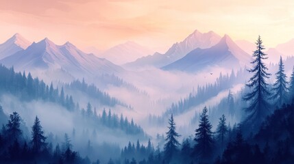 Misty mountain valley landscape at sunrise with pine trees.