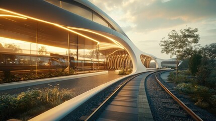 Fototapeta premium Futuristic train station, sleek design, sunset glow.