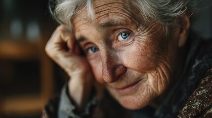 Close-Up of an Elderly Woman Sitting at Home with Kind Expression