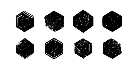 Black grunge shapes elements with scratches and abrasions. Pentagon shape.