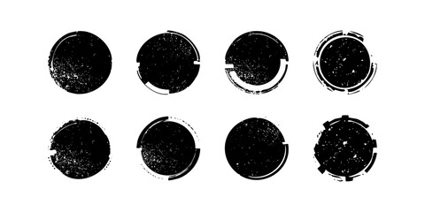 Black grunge shapes elements with scratches and abrasions. Tech circle shape.