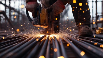 Construction worker cutting steel rods with a saw. Featuring focus and skill