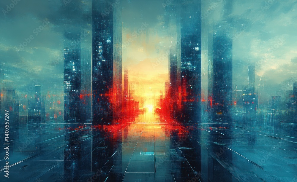 Poster futuristic abstract cityscape digital art quantum computer architecture technology