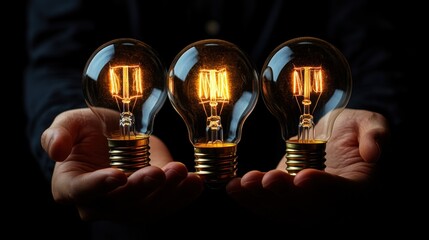 Three glowing light bulbs held in hands illuminating darkness