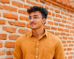 Thoughtful young man in glasses, leaning against a brick wall