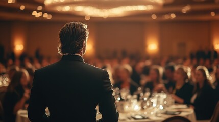 Young caucasian male speaker addressing audience in formal event setting with chandelier lighting