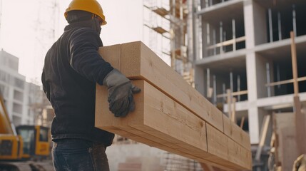 Fototapeta premium Construction worker lifting heavy materials at a building site. Featuring strength and precision