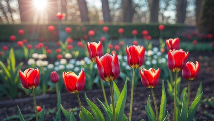 Obraz premium Bright red tulip garden with sunlight and green foliage
