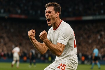 Football player in white jersey clenching fists and screaming with passion after scoring goal in front of roaring crowd.