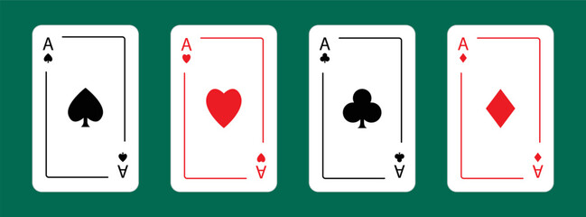 Four aces icon. Playing card set. Poker cards suits. Hearts, clubs, diamonds, spades ace line. Winning poker hand. Las Vegas Casino gambling concept. Flat design. Green table background. Vector