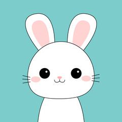 Obraz premium Cute white rabbit bunny hare face head contour silhouette. Pink cheeks, ears. Kawaii cartoon funny baby character. Happy Easter. Valentines Day. Greeting card. Blue background. Flat design. Vector
