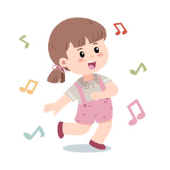 A cheerful little girl dances with joy, surrounded by colorful musical notes. Vector illustration. Vector illustration isolated on a white background.