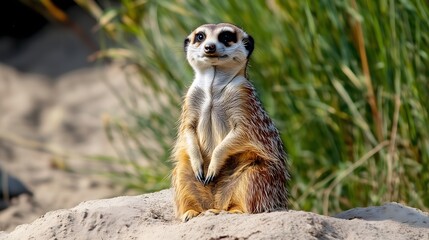 Obraz premium Alert meerkat stands sentinel on sandy mound surrounded by green grass during bright daylight