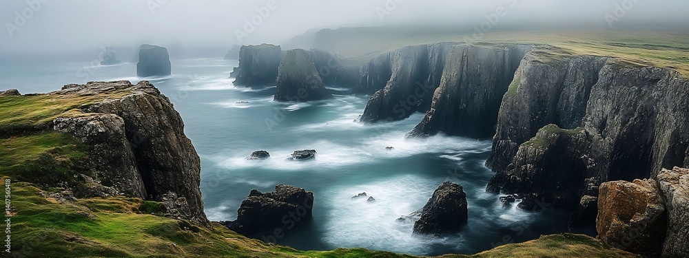 Poster stunning overcast view of coastal cliffs and turquoise waves crashing in a dramatic landscape : gene