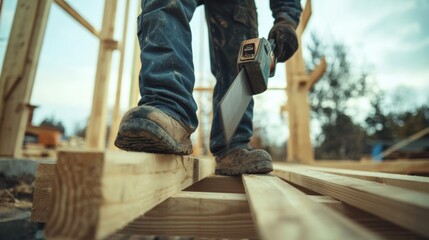Construction worker cutting wood for framing construction. Featuring precision and care